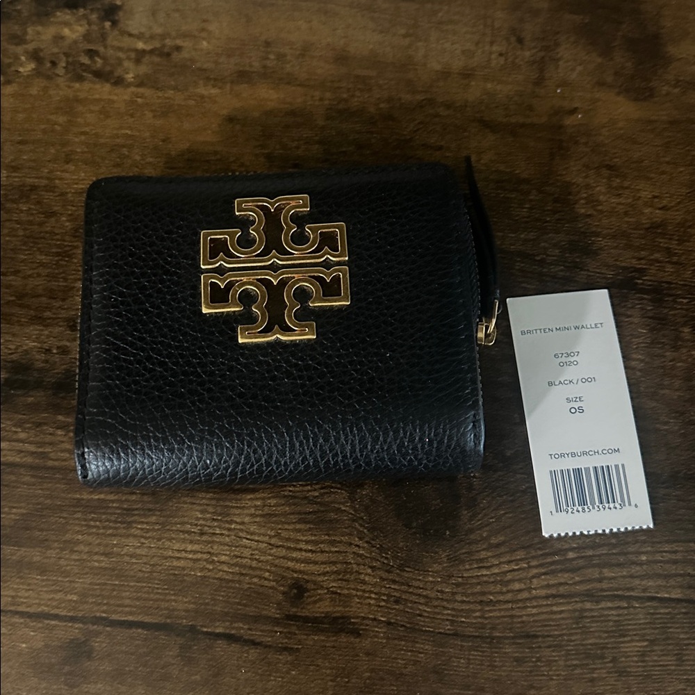 Tory Burch Black Leather Mini Wallet with Gold Logo